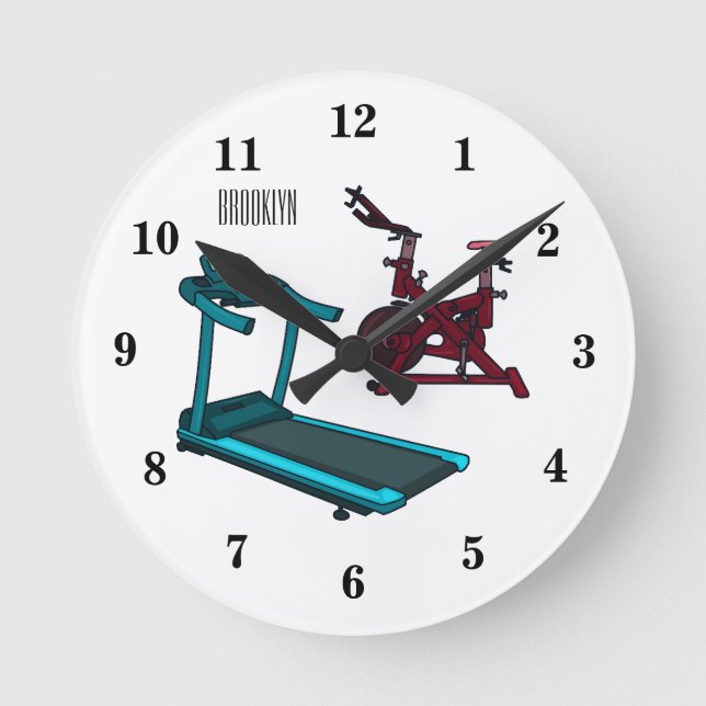 Treadmill & spinning bike cartoon illustration round clock (Front)