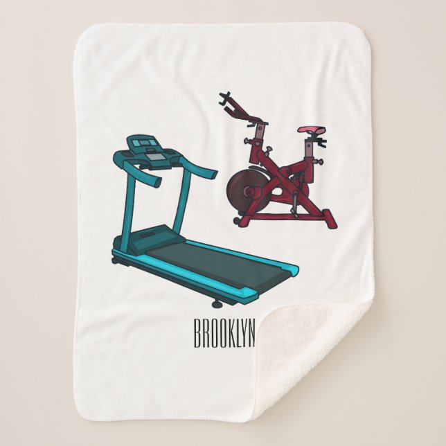 Treadmill & spinning bike cartoon illustration sherpa blanket (Front)