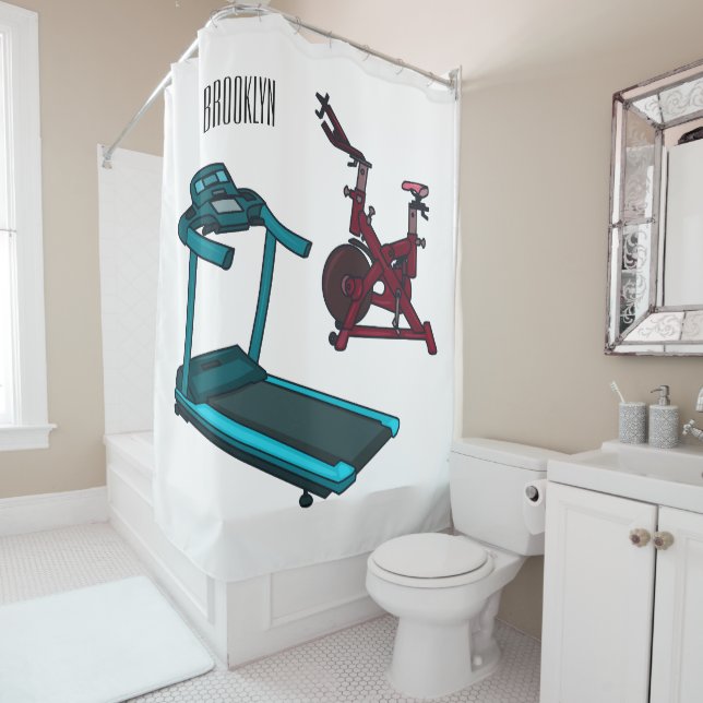 Treadmill & spinning bike cartoon illustration shower curtain (In Situ)