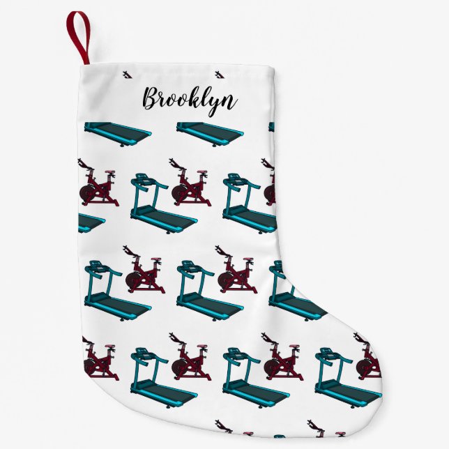 Treadmill & spinning bike cartoon illustration small christmas stocking (Front)