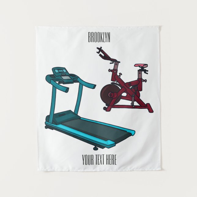 Treadmill & spinning bike cartoon illustration tapestry (Front)