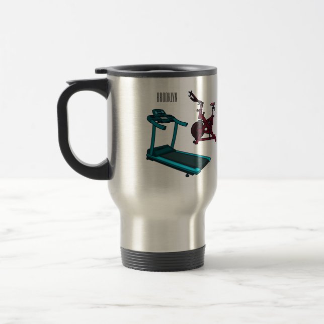 Treadmill & spinning bike cartoon illustration travel mug (Left)