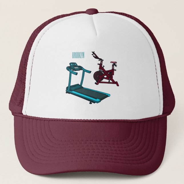 Treadmill & spinning bike cartoon illustration trucker hat (Front)