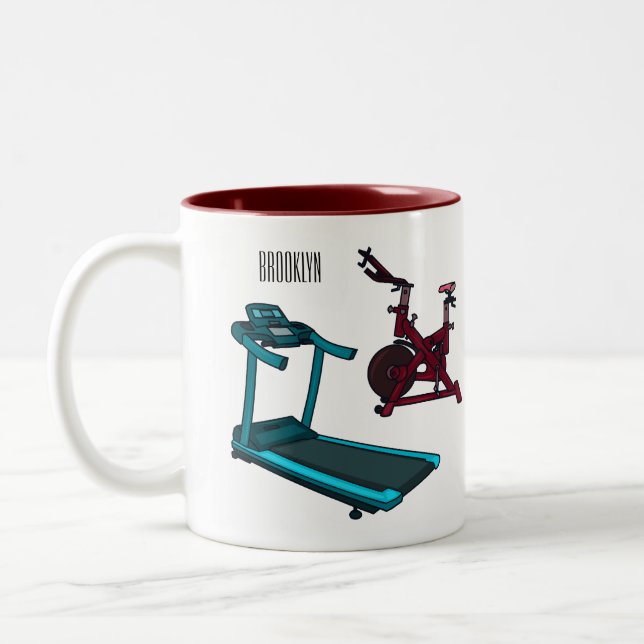 Treadmill & spinning bike cartoon illustration Two-Tone coffee mug (Left)