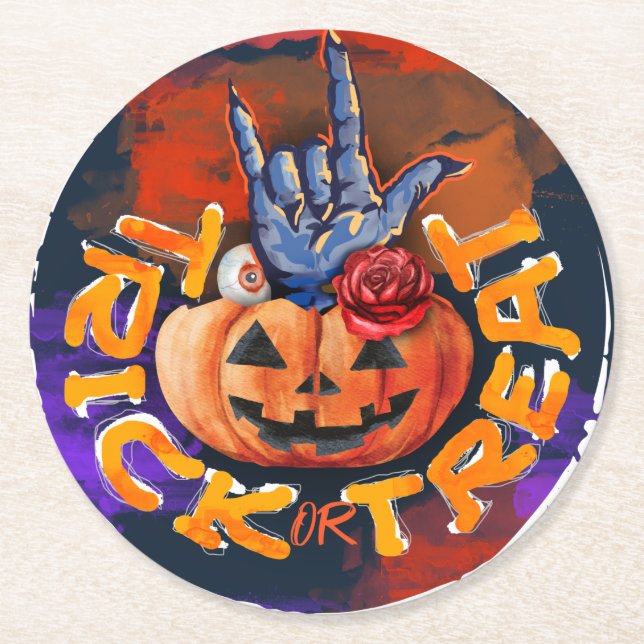 Treak or Treat Scary Halloween Pumpkin  Round Paper Coaster (Front)