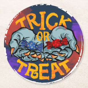 Treak or Treat Scary Halloween Pumpkin Round Paper Coaster
