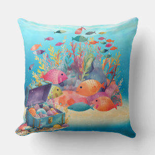 Treasure chest and fish Throw Pillow
