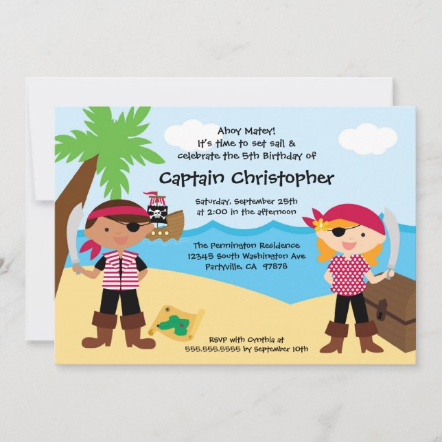 Treasure chest pirate birthday party invitation (Front)