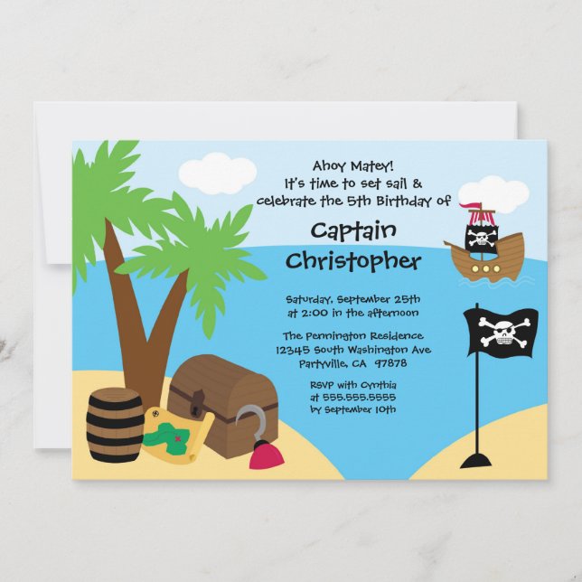 Treasure chest pirate birthday party invitation (Front)