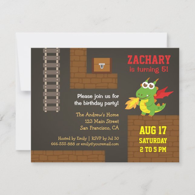 Treasure Hunt, Dragon, Video Game Birthday Party Invitation (Front)