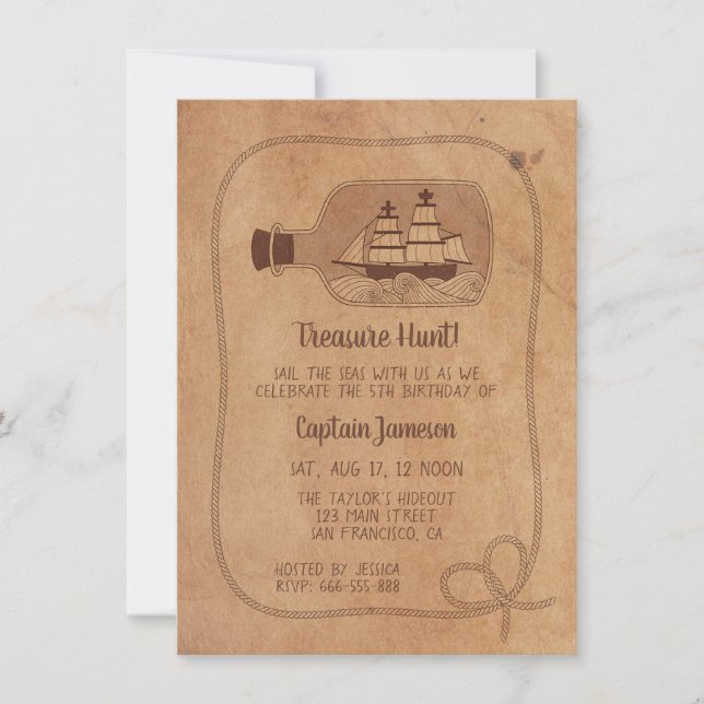 Treasure Hunt Ship in Bottle Grunge Birthday Party Invitation (Front)