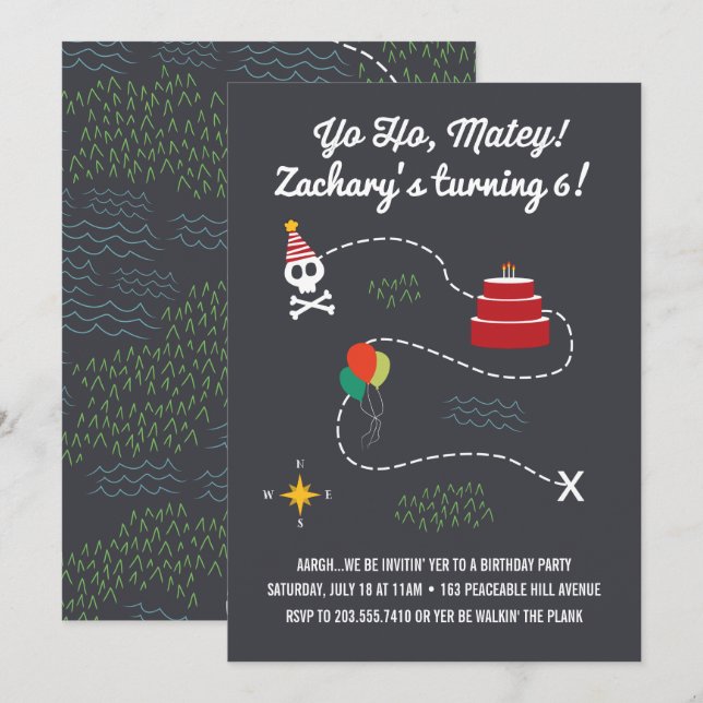 Treasure Map Birthday Invitation, Pirate Card (Front/Back)