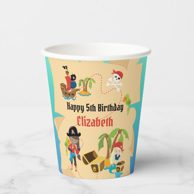 Treasure Map Cute Girl Pirate Birthday Party Paper Cups (Front)