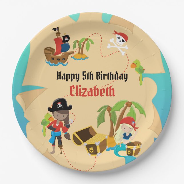 Treasure Map Cute Girl Pirate Birthday Party Paper Plate (Front)