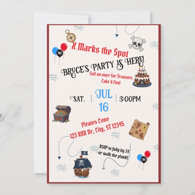 Treasure Map Pirate Birthday Party Invitation (Front)
