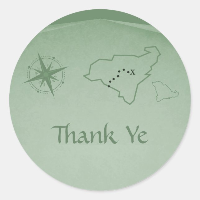 Treasure Map Thank You Stickers, Green Classic Round Sticker (Front)