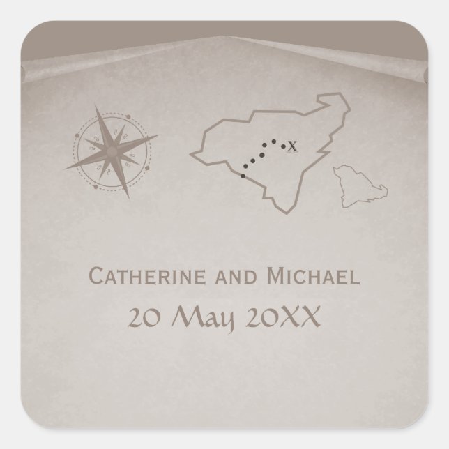Treasure Map Wedding Stickers, Beige Square Sticker (Front)