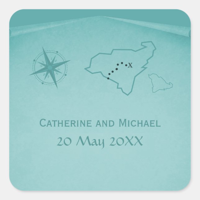 Treasure Map Wedding Stickers, Teal Square Sticker (Front)
