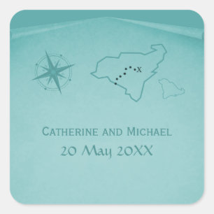 Treasure Map Wedding Stickers, Teal Square Sticker