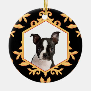Treasured Pets Black & Gold Damask Dog / Cat Photo Ceramic Tree Decoration