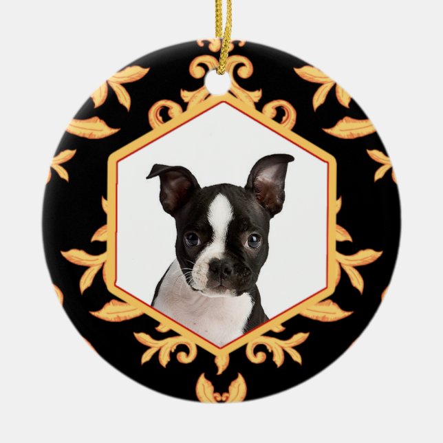Treasured Pets Black & Gold Damask Dog / Cat Photo Ceramic Tree Decoration (Front)