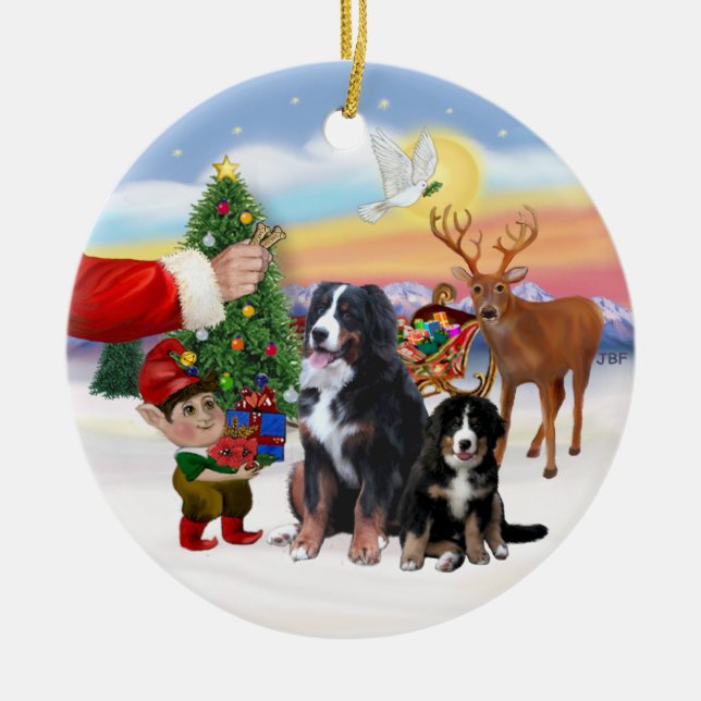 Treat for a Bernese Mountain Dog & Puppy Ceramic Tree Decoration (Front)
