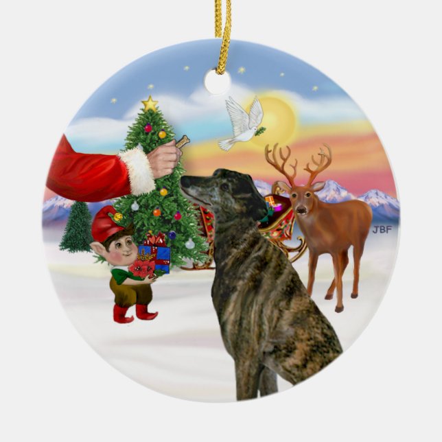 Treat for a Brindle Greyhound Ceramic Tree Decoration (Front)
