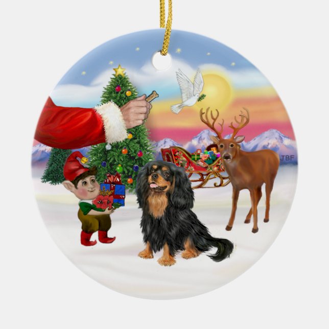 Treat for a Cavalier (black / Tan) Ceramic Tree Decoration (Front)
