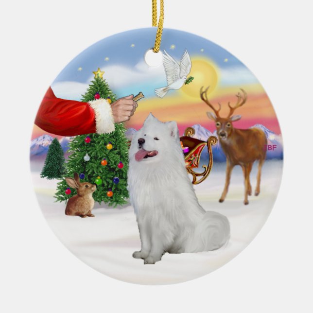 Treat for a Samoyed (#1) Ceramic Tree Decoration (Front)