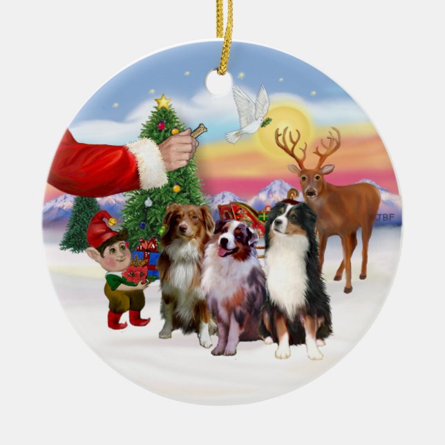 Treat for Three Australian Shepherds Ceramic Tree Decoration (Front)