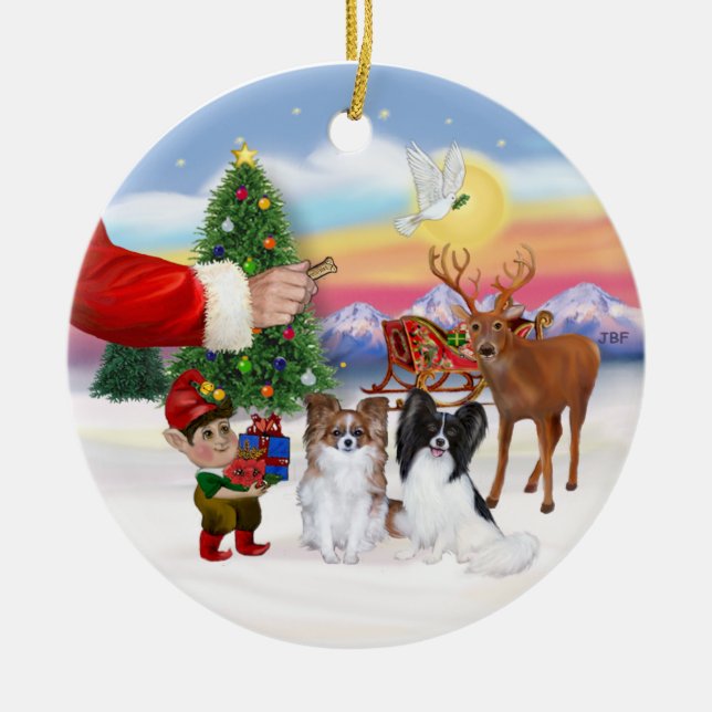 Treat for Two Papillons Ceramic Tree Decoration (Front)
