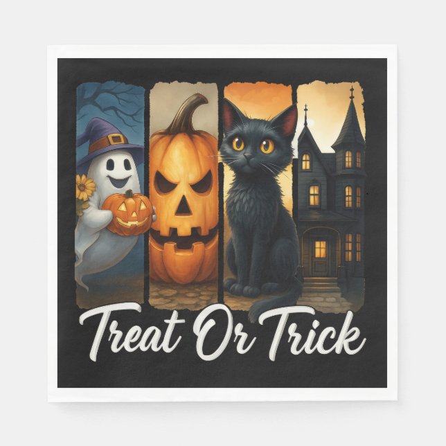 "Treat or Trick" Halloween Brush Stroke Cat Napkin (Front)