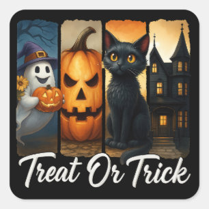 "Treat or Trick" Halloween Brush Stroke Cat Square Sticker