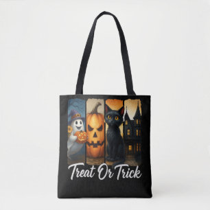 "Treat or Trick" Halloween Brush Stroke Cat Tote Bag