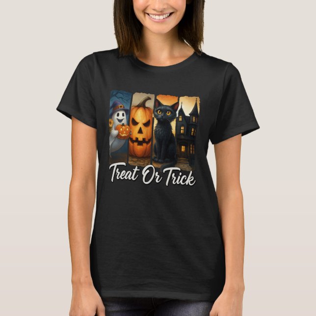 "Treat or Trick" Halloween Brush Stroke Cat Women T-Shirt (Front)