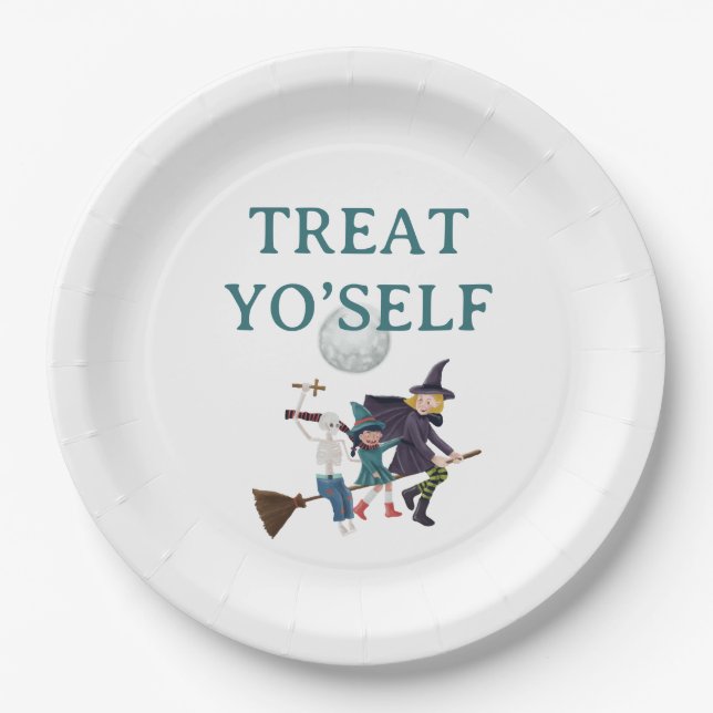 Treat Yo’Self Halloween Party. Cute Flying Witches Paper Plate (Front)