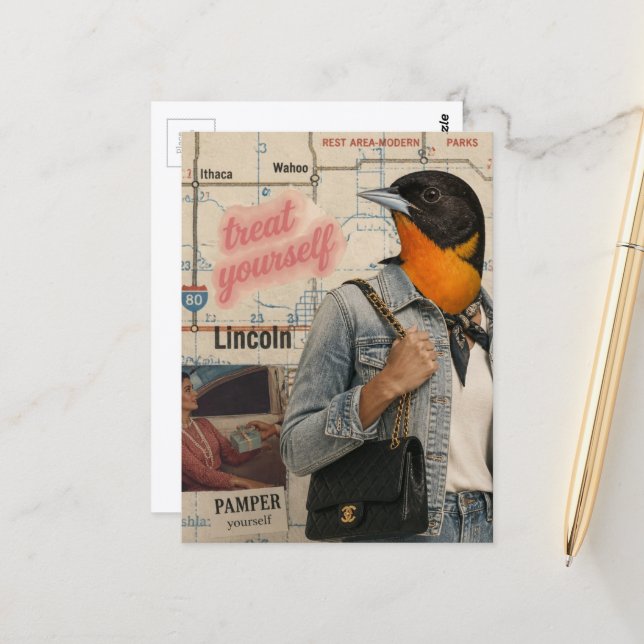 Treat Yourself Bird Collage Postcard (Front/Back In Situ)