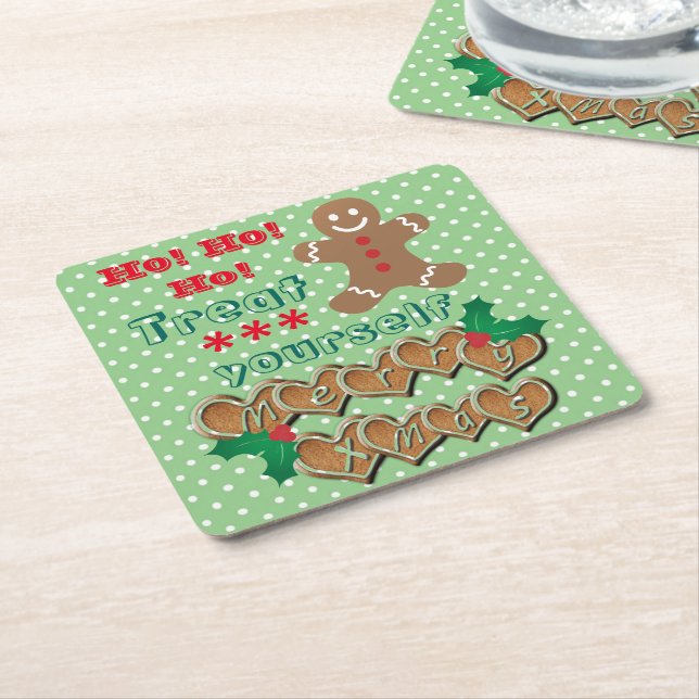 "Treat Yourself" Christmas Gingerbread and Dots Square Paper Coaster (Angled)
