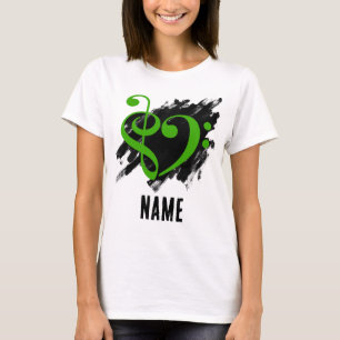 Treble and Bass Clef Heart Green Customisable T-Shirt