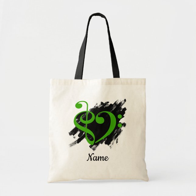 Treble and Bass Clef Heart Green Customisable Tote Bag (Front)