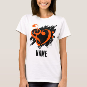 Treble and Bass Clef Heart Orange Customisable T-Shirt