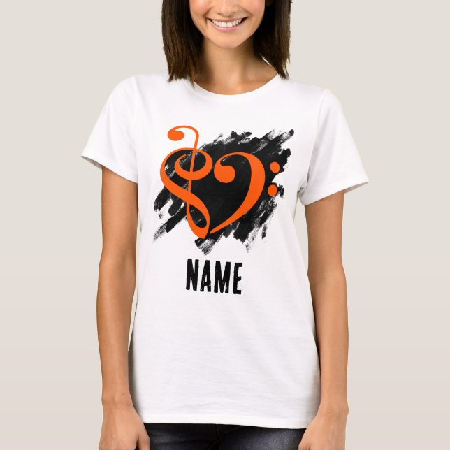 Treble and Bass Clef Heart Orange Customisable T-Shirt (Front)