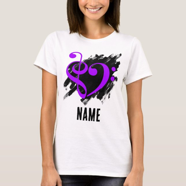 Treble and Bass Clef Heart Purple Customisable T-Shirt (Front)