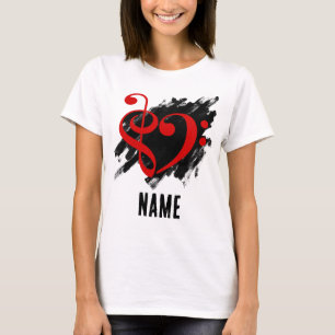 Treble and Bass Clef Heart Red Customisable T-Shirt