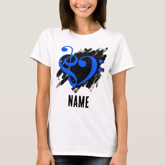 Treble and Bass Clef Heart Royal Blue Customisable T-Shirt (Front)
