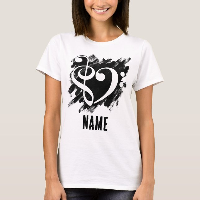 Treble and Bass Clef Heart White Customisable T-Shirt (Front)