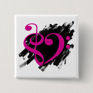 Treble and Bass Clef Musical Heart Fuchsia 15 Cm Square Badge