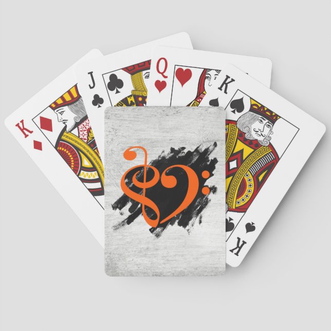 Treble and Bass Clef Musical Heart Orange Playing Cards (Back)