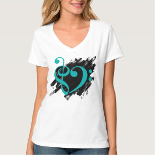 Treble and Bass Clef Musical Heart Turquoise T-Shirt