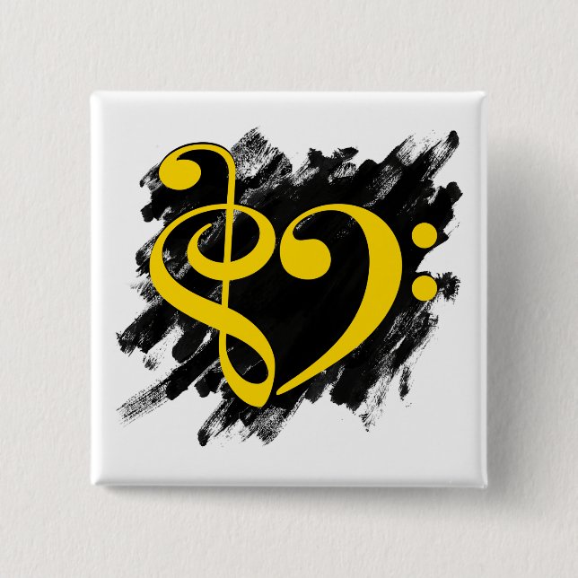 Treble and Bass Clef Musical Heart Yellow 15 Cm Square Badge (Front)